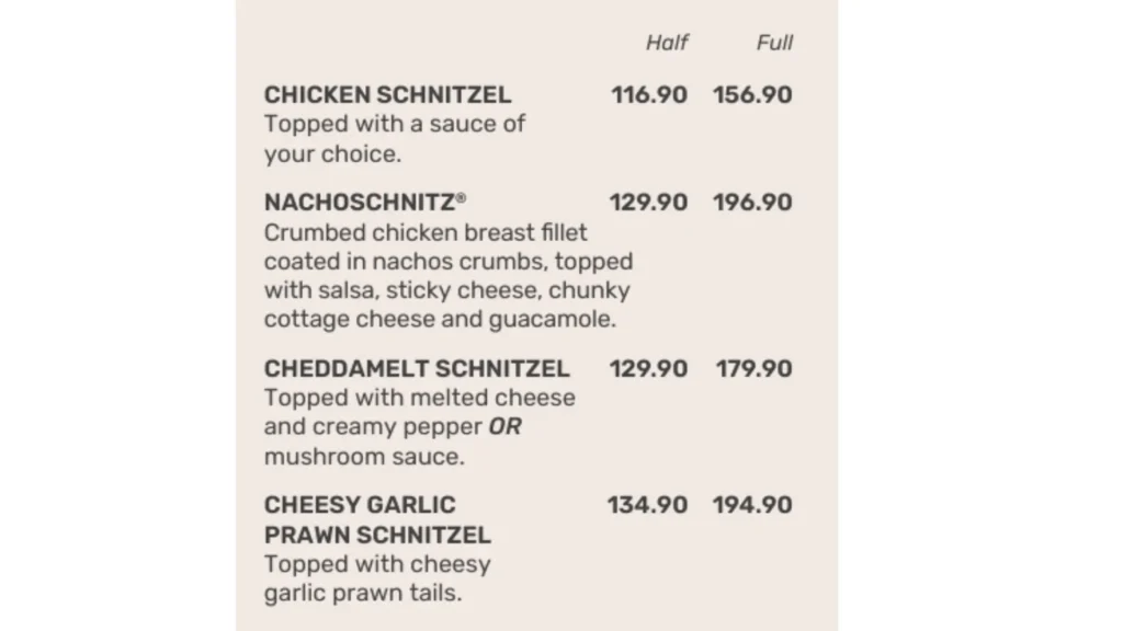 Spur Chicken Schnitzel Menu and Prices