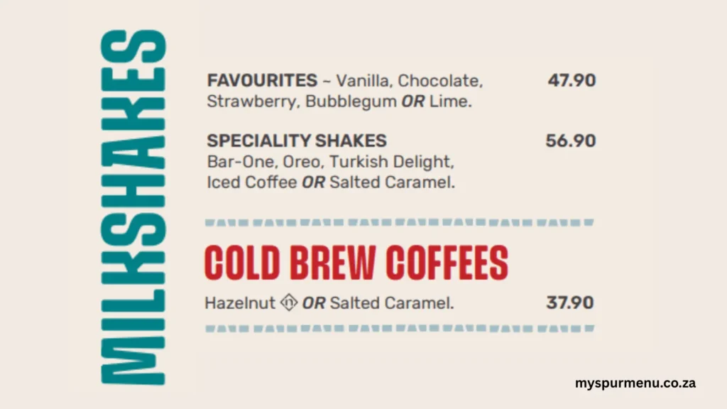 Spur Milkshakes Menu