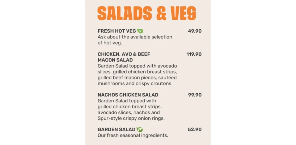 Spur Salads Menu Prices 2025