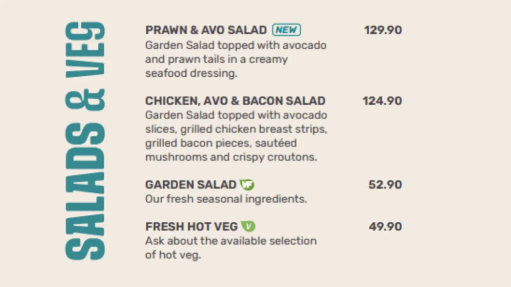 Spur Salads and Veg Menu