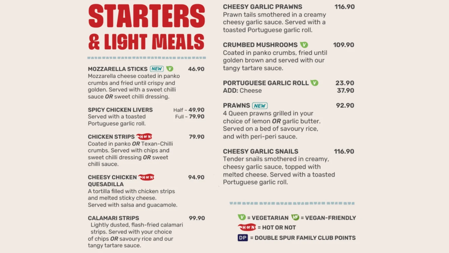 Spur Sizzling Starters and Light Meals Menu Prices