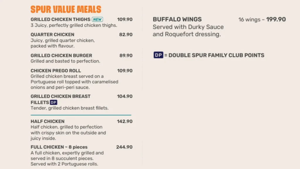 Spur Chicken Menu 2024