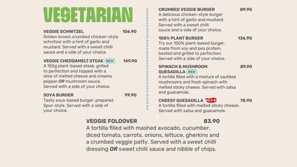 Spur Vegetarian Menu and Prices 2024